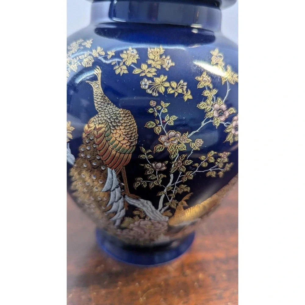 Vintage Shirakabe China Cobalt Blue Ginger Jar Pheasant Gold Gilt Made in Japan